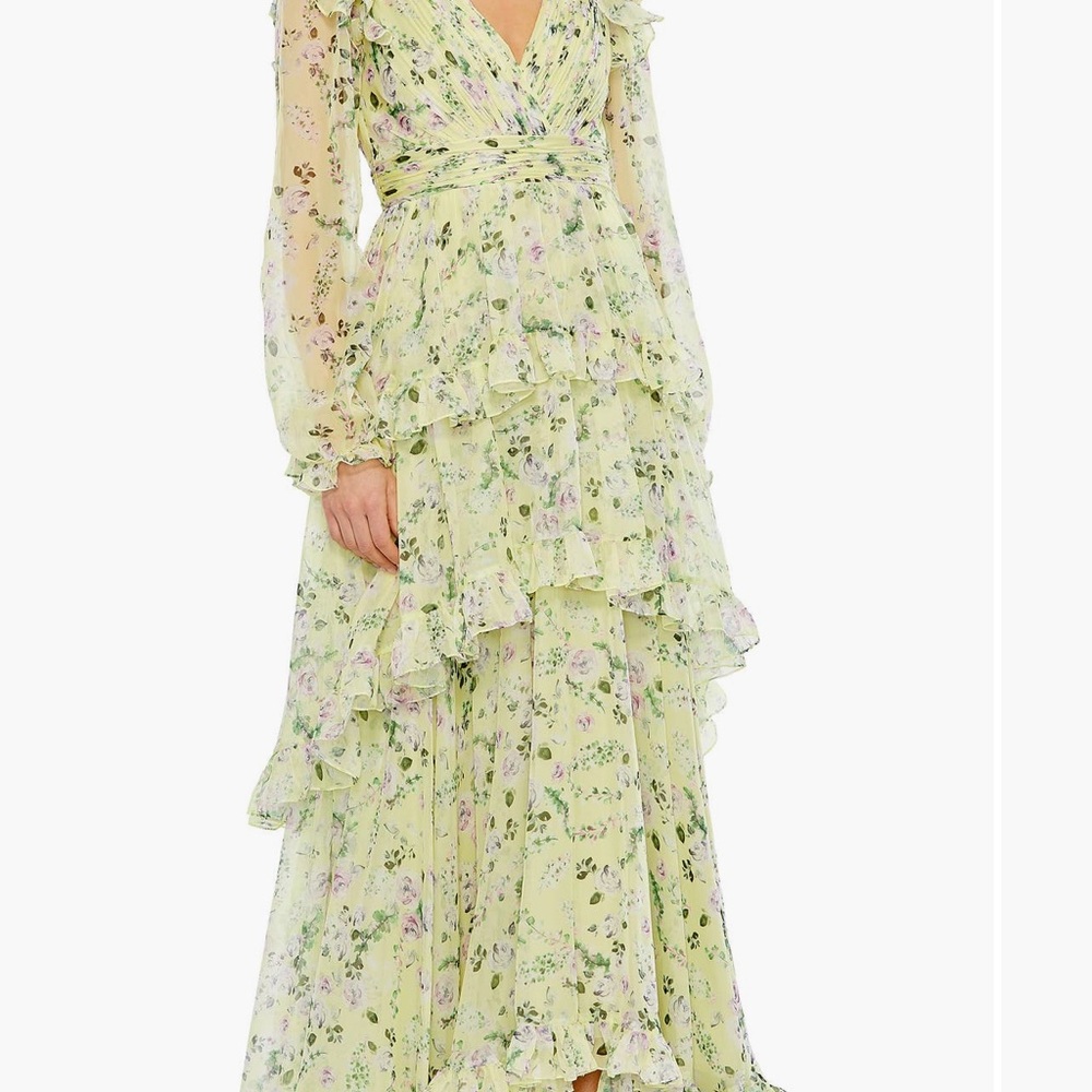 Mac Duggal Long Sleeve Floral Dress in Yellow and Purple